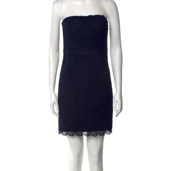 Diane Von Furstenberg Navy Blue Strapless Lace Sheath Cocktail Dress Size 6 EUC - Picture 1 of 7
